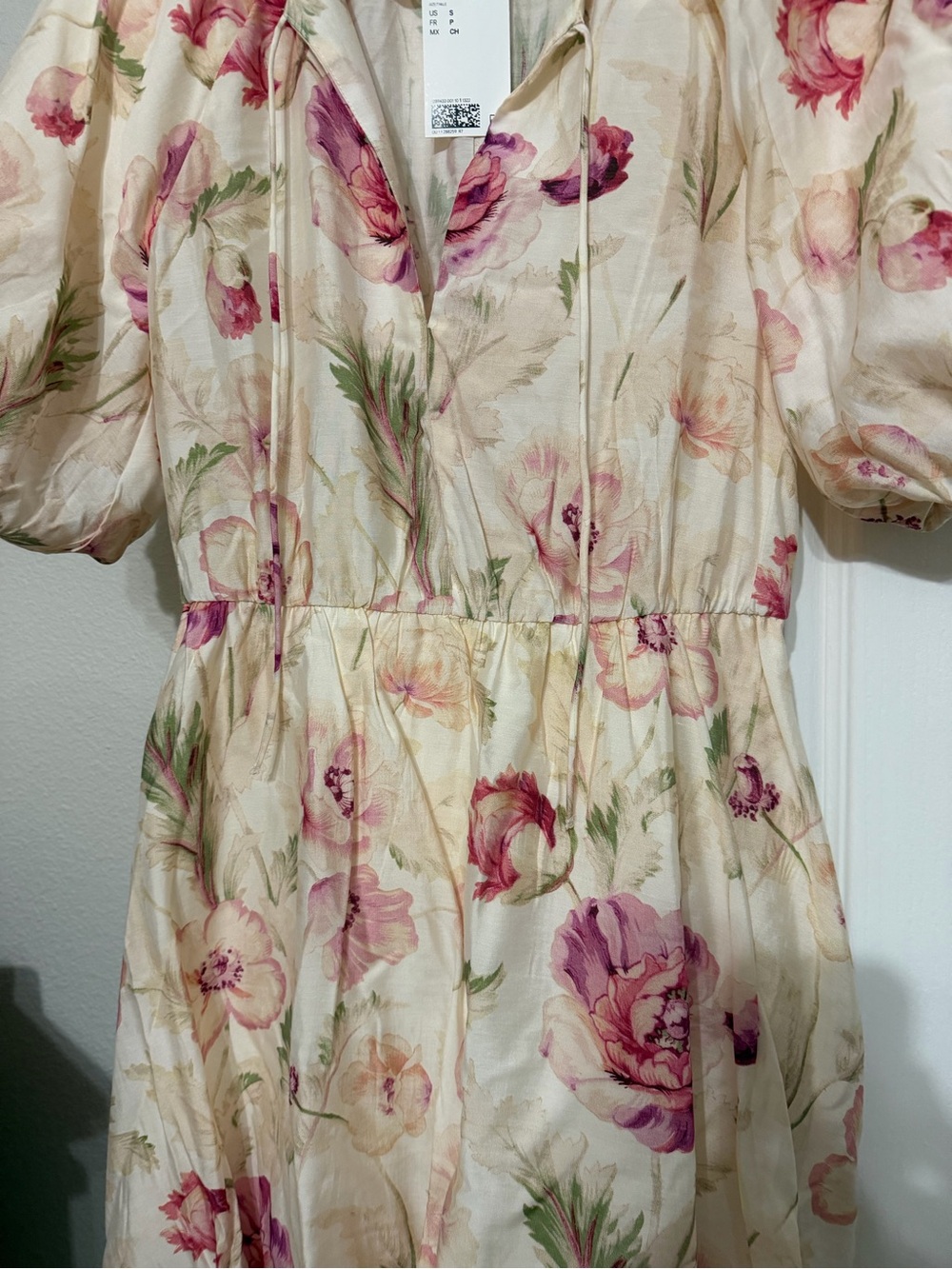 H&M Puff-Sleeve Midi Dress in Cream and Pink small nwt